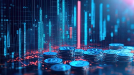 Poster - A digital illustration of glowing blue coins hovering above a business diagram, representing financial insights and wealth.