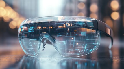 Aufkleber - A pair of glasses with a blue and white design. The glasses are on a table and the background is blurry