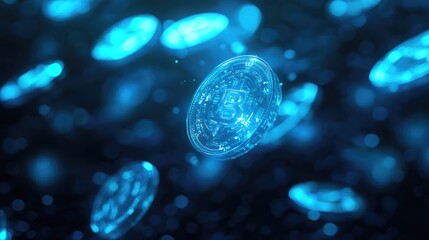 Poster - A digital illustration of glowing blue coins hovering above a business diagram, representing financial insights and wealth.