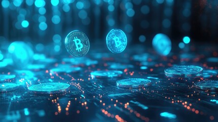 Poster - A digital illustration of glowing blue coins hovering above a business diagram, representing financial insights and wealth.