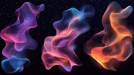 Three colorful, glowing, and swirling lines of light that appear to be stars. The lines are in different colors and are moving in different directions. The image has a dreamy, ethereal quality to it