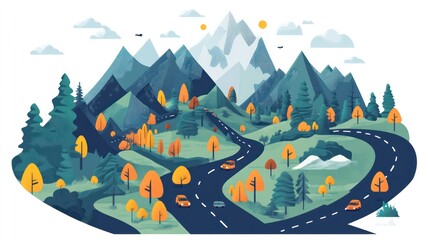 Poster - A mountain range with a winding road and trees in the foreground. The road is lined with cars and a few trucks. The scene is peaceful and serene, with the mountains in the background