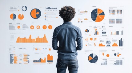 Aufkleber - A man is looking at a wall of graphs and pie charts. The graphs are colorful and show different data points. The man is focused and interested in the information displayed on the wall