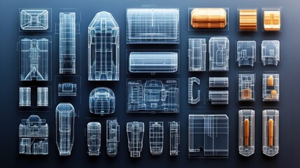 Aufkleber - A collection of clear plastic objects with various shapes and sizes. The objects are arranged in a grid, with some overlapping each other. Scene is one of precision and organization