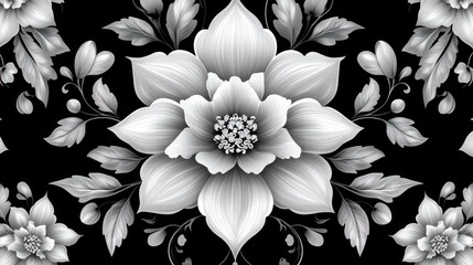 Poster - A black and white flower with a white center. The flower is surrounded by leaves and has a very delicate appearance