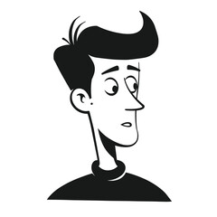 Black and white illustration of a young man with a contemplative expression, showcasing a simple, stylized character design.