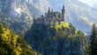 © 69 - A grand fantasy castle perched on a mountain, with a green valley of trees below, exuding fairy-tale wonder.