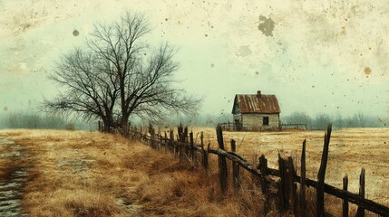 Poster - A rustic farmhouse sits in a field with a tree in the background. The scene is peaceful and serene, with the house and tree providing a sense of calm and tranquility