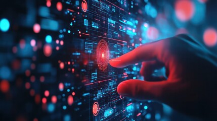Aufkleber - A hand is pointing at a red dot on a blue screen. Concept of focus and attention, as the hand is directed towards the dot. The blue and red colors create a visually striking contrast
