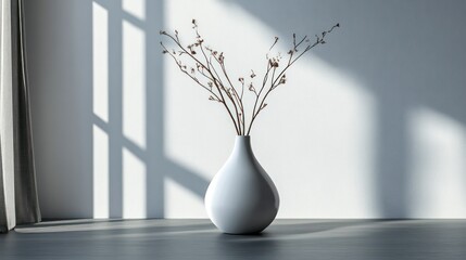 Poster - A white vase with a few branches in it sits on a wooden floor. The room is empty and the vase is the only object in the room