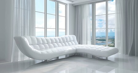 Wall Mural - Modern white sectional sofa in a minimalist living room with large windows overlooking a cityscape.