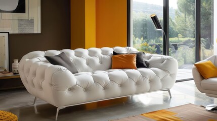 Wall Mural - A white tufted sofa with silver legs sits in a modern living room with a yellow wall, a patterned rug, and natural light streaming in from large windows.