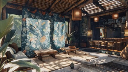 Wall Mural - A rustic and bohemian living room with a wooden ceiling, large windows, and a patterned screen.