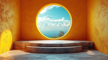 Canvas Print - 3d abstract backgroun3d with blue sky inside the roun3d hole on the yellow wall white clouds fly through the window above the empty podium blank showcase mockup