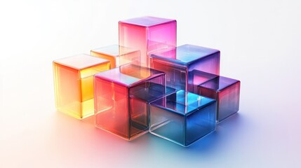 Poster - A colorful stack of cubes with a white background. The cubes are made of glass and are arranged in a pyramid shape. The colors of the cubes are red, blue, and yellow