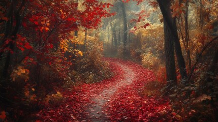 Poster - Winding Path Through a Misty Autumn Forest