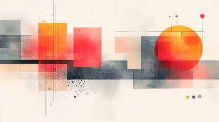 Poster - A painting of a city skyline with a large orange sun in the background. The painting is abstract and has a lot of texture
