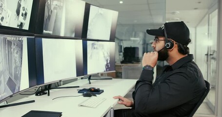 Aufkleber - Security guard, safety and microphone with man in control room for surveillance management, evacuation protocol and monitor system. Inspection, technology and computer screen with person in office