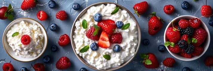 Poster - Nutritious breakfast with cottage cheese, sour cream, a variety of berries, and fruits in top view.