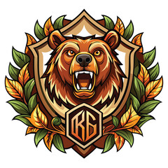 bear with leaf and flower vintage logo