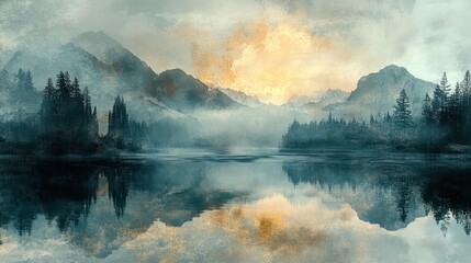 Poster - A painting of a mountain range with a lake in the foreground. The sky is cloudy and the sun is setting. The mood of the painting is serene and peaceful