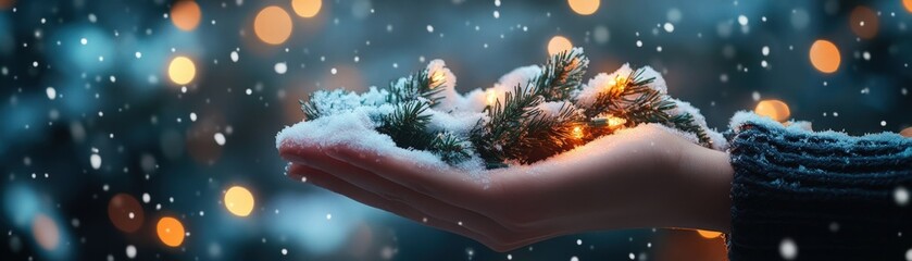 Two hands holding a snow-covered garland, Christmas lights glowing with festive cheer in the background.