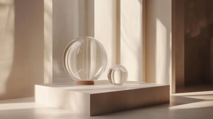 Aufkleber - Two glass vases are on a pedestal in a room with a white wall. The vases are different sizes and shapes, and they are placed on a wooden platform. The room has a minimalist and modern design