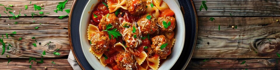 Wall Mural - Pasta with meatballs served in tomato sauce