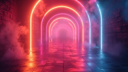 Wall Mural - 3d abstract futuristic neon backgroun3d glowing lines triangular tunnel corridor ultraviolet neon light empty space