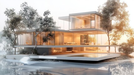 Aufkleber - A large, modern house with a pool and a tree in the background. The house is made of glass and has a lot of windows