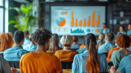 Wall Mural - a scene of a business plan presentation, with a speaker explaining their ideas to a group of investors