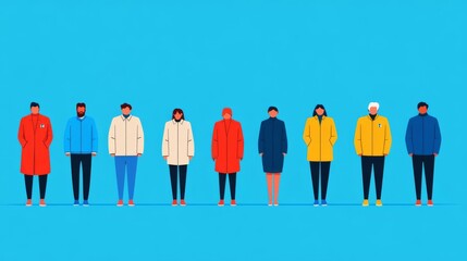 a diverse group of individuals dressed in colorful winter attire stands in a line against a bright b