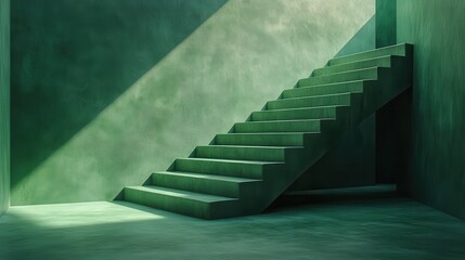 Leinwandbilder - 3d abstract minimal architectural backgroun3d empty room with green stairs illuminate3d with the sunlight rays