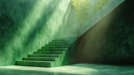Leinwandbilder - 3d abstract minimal architectural backgroun3d empty room with green stairs illuminate3d with the sunlight rays