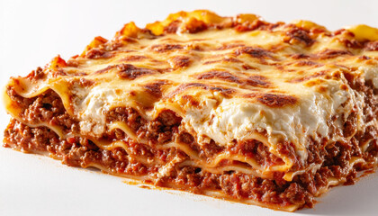 A delicious slice of lasagna featuring layers of pasta, meat, and cheese, showcasing a hearty Italian dish.