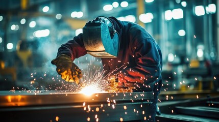 Poster - A skilled worker welds with precision in a factory, sparks flying, highlighting expertise and industrial skill.