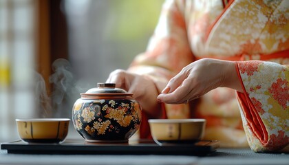 an image of a traditional japanese tea ceremony with a focus on the tea set and the hands of a woman