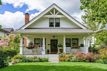 A charming white house with a porch, surrounded by colorful flowers and greenery under a bright blue sky.