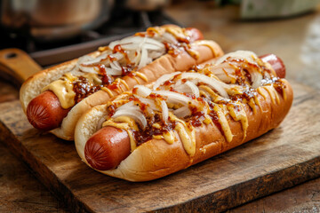 Wall Mural - Two delicious hot dogs topped with mustard, onions, and chili on a wooden board, ready to enjoy.