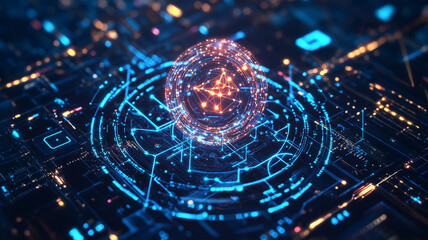 Fototapete - A futuristic sphere enclosed by glowing circuitry and vibrant, interconnected lines