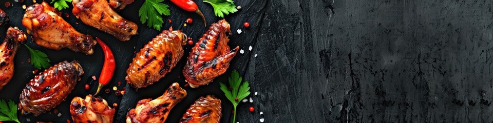 Canvas Print - Aerial perspective of flavorful grilled chicken wings on a dark surface with space for personalization.