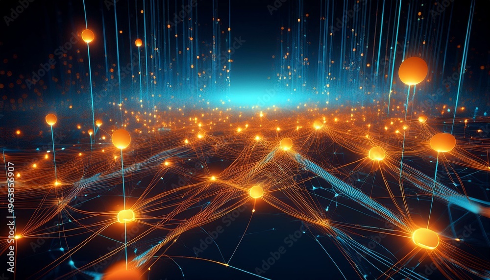 a complex network of orange glowing dots connected by blue lines. The ...