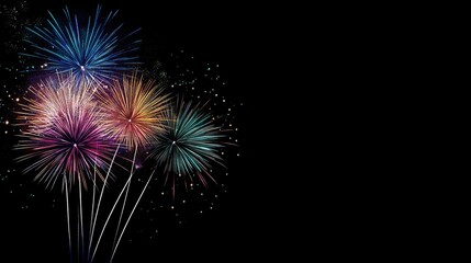 A vibrant fireworks show illuminates the dark sky, providing a lively and colorful background with plenty of room for copy or design.