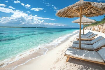 Wall Mural - A beach with a lot of umbrellas and chairs. The beach is very calm and peaceful