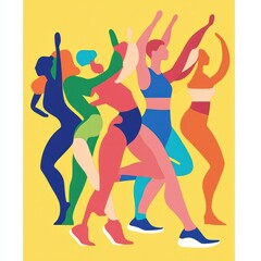 Five women in colorful athletic wear dance on a yellow background.