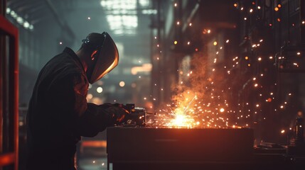 Poster - A welder at work in a factory, sparks illuminating the scene, demonstrating precision and industrial skill.