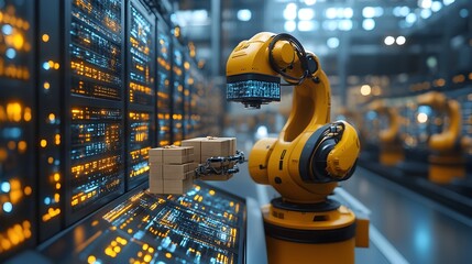 Poster - robotic arm loading packages onto truck in logistics warehouse