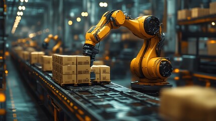 Poster - robotic arm loading packages onto truck in automated logistics