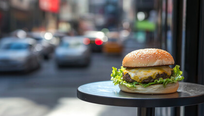 Wall Mural - A close-up of a delicious cheeseburger on a table with a blurred city street background.