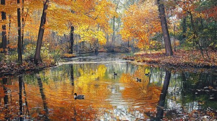 Poster - Ducks swimming in a pond surrounded by colorful autumn foliage